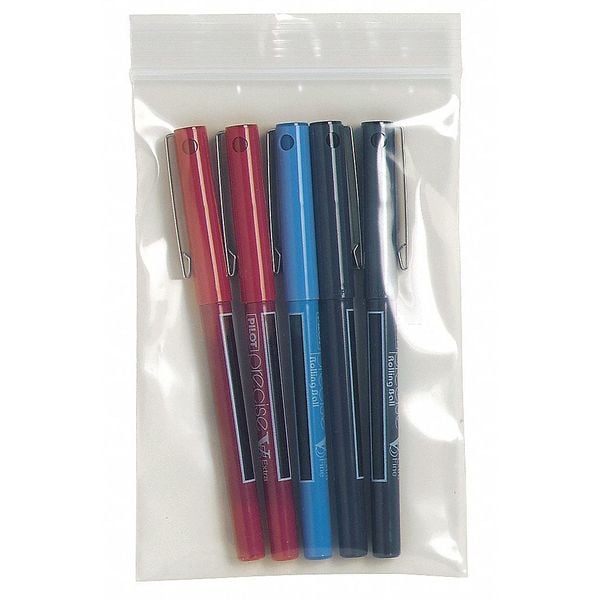 Reclosable Poly Bag, Zip Seal, 8 in L, 6 in W, 2 mil Thick, Low Density Polyethylene (LDPE), Clear