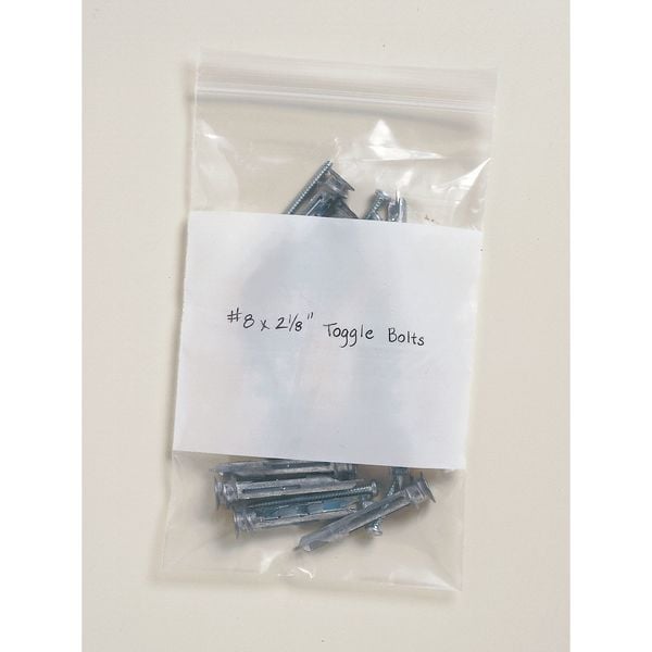 Reclosable Poly Bag, Zip Seal, 5 in L, 3 in W, 2 mil Thick, Low Density Polyethylene (LDPE), Clear