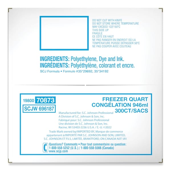 Double Zipper Freezer Bags, 1 qt, 2.7 mil, 7" x 7.75", Clear, PK300