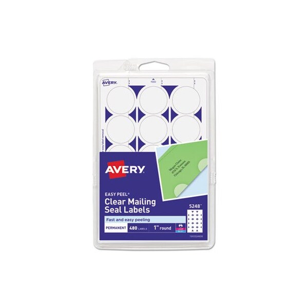 Avery, PRINTABLE MAILING SEALS, 1in DIA., CLEAR, 5248, 32PK