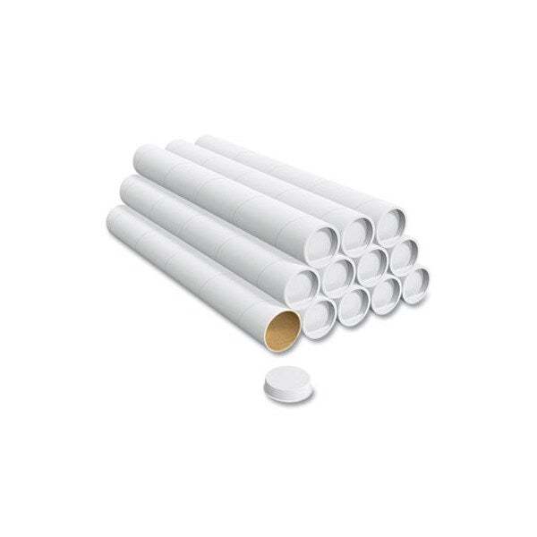 MAILING TUBE WITH CAPS, 24in LONG, 3in DIAMETER, WHITE, 12PK