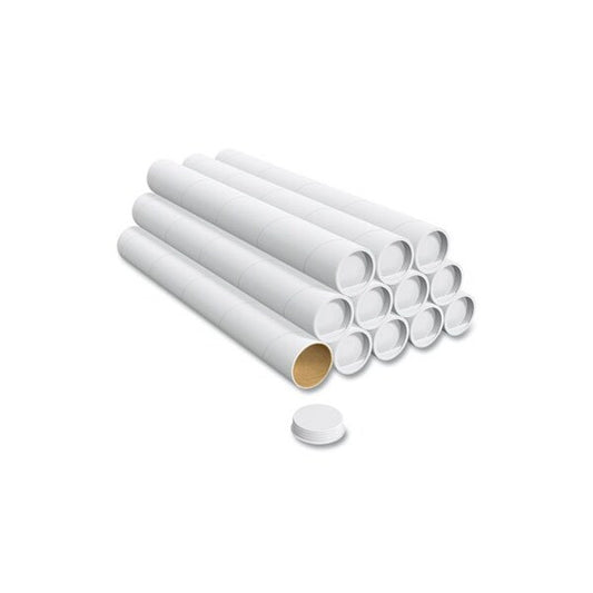 MAILING TUBE WITH CAPS, 24in LONG, 3in DIAMETER, WHITE, 12PK