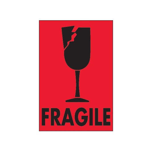2 x 3'' - ''Fragile'' Fluorescent Red Labels, Style 2, 500PK
