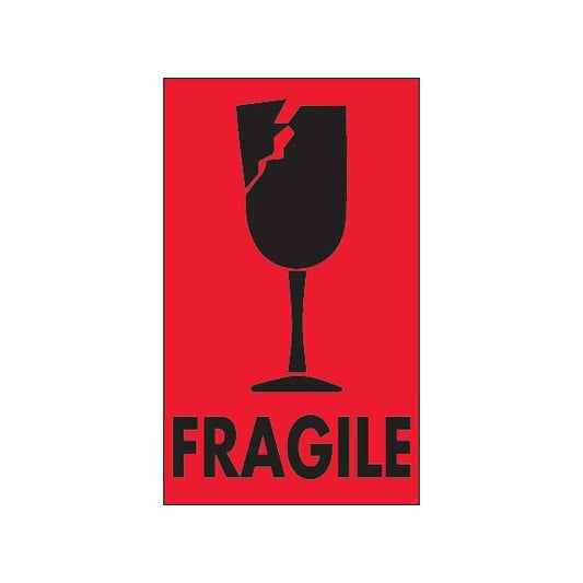 3 x 5'' - ''Fragile'' Fluorescent Red Labels, Style 2, 500PK