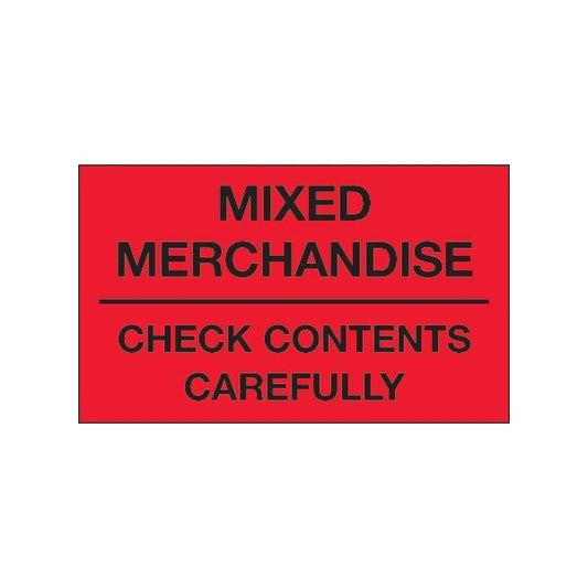 3 x 5'' - ''Mixed Merchandise - Check Contents Carefully'' Fluorescent Red Labels