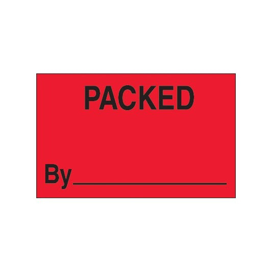 1 1/4 x 2'' - ''Packed By'' Fluorescent Red Labels