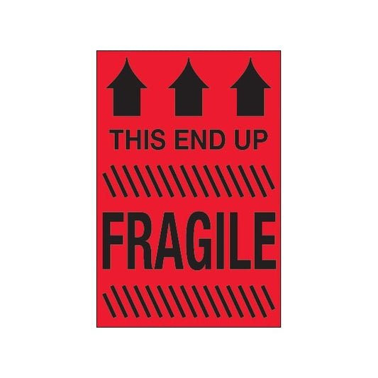 4 x 6'' - ''This End Up - Fragile'' Fluorescent Red Labels