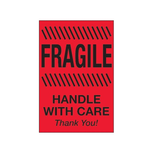 4 x 6'' - ''Fragile - Handle With Care'' Fluorescent Red Labels