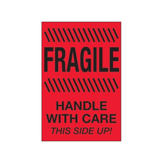 4 x 6'' - ''Fragile - Handle With Care - This Side Up'' Fluorescent Red Labels