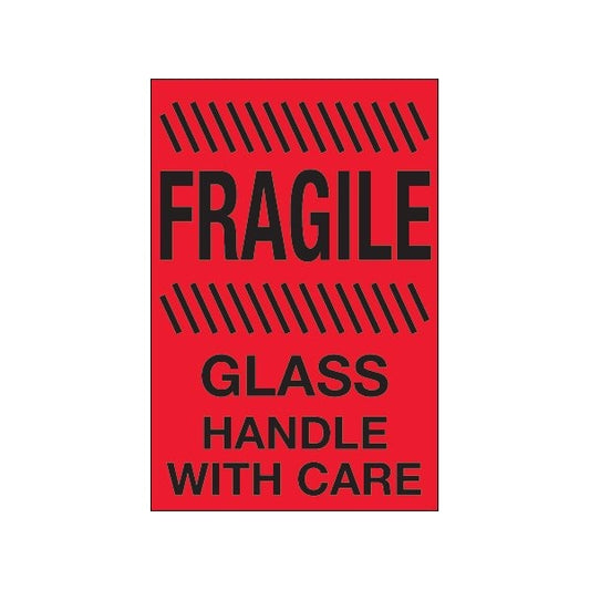 4 x 6'' - ''Fragile - Glass - Handle With Care'' Fluorescent Red Labels