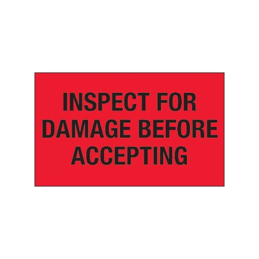 3 x 5'' - ''Inspect For Damage Before Accepting'' Fluorescent Red Labels