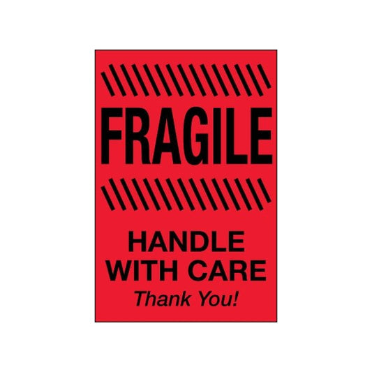2 x 3'' - ''Fragile - Handle With Care'' Fluorescent Red Labels, Style 1, 500PK
