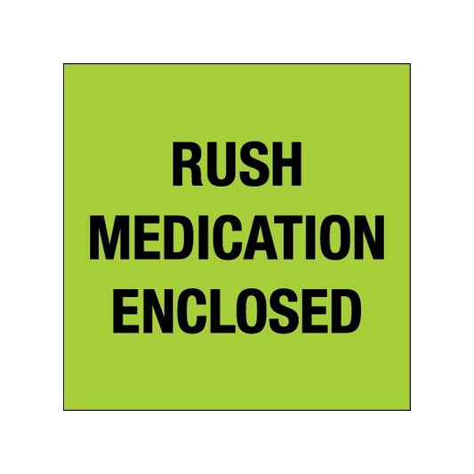 4 x 4'' - ''Rush - Medication Enclosed'' Fluorescent Green Labels