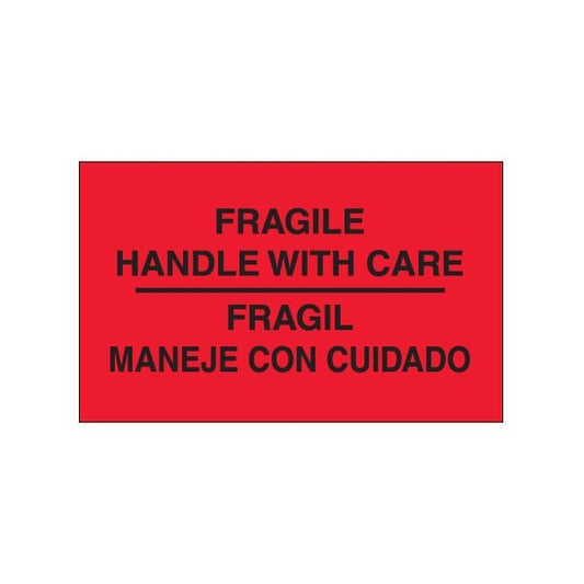 3 x 5'' - ''Fragil - Maneje Con Cuidado'' Fluorescent Red Bilingual Labels