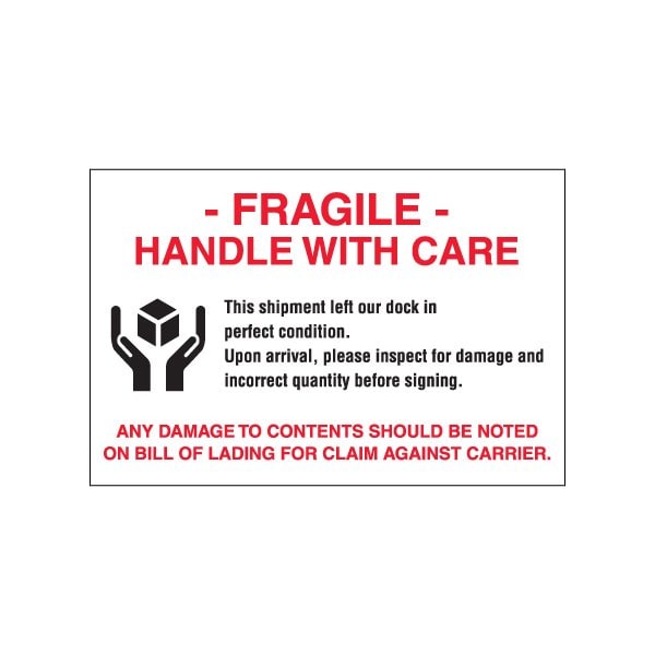 4 x 6'' - ''Fragile - Handle With Care'' Labels, Style 3, 500PK