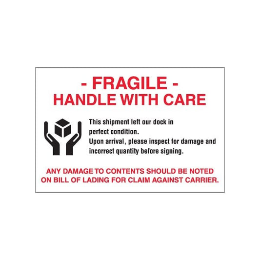 4 x 6'' - ''Fragile - Handle With Care'' Labels, Style 3, 500PK