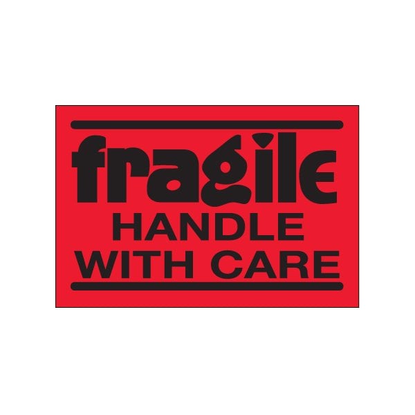 2 x 3'' - ''Fragile - Handle With Care'' Fluorescent Red Labels, Style 2, 500PK