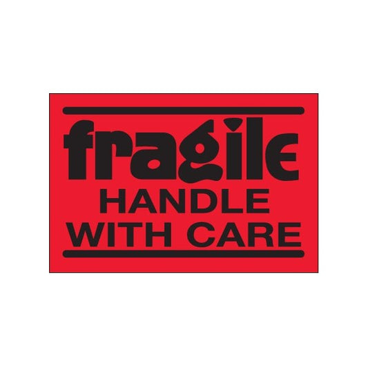 2 x 3'' - ''Fragile - Handle With Care'' Fluorescent Red Labels, Style 2, 500PK