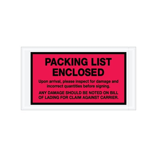 5-1/2 x 10'' Red Full-Face ''Packing List Enclosed'' Envelopes, Style 1, 1000PK