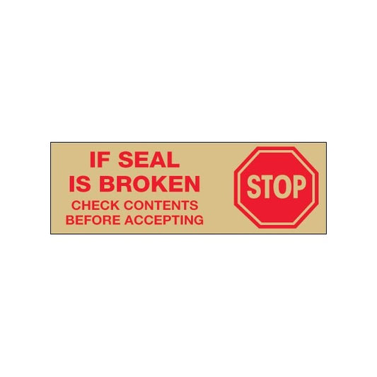 2'' x 55 yds. - ''Stop If Seal Is Broken...'' Tan Tape Logic Pre-Printed Carton Sealing Tape, 18PK
