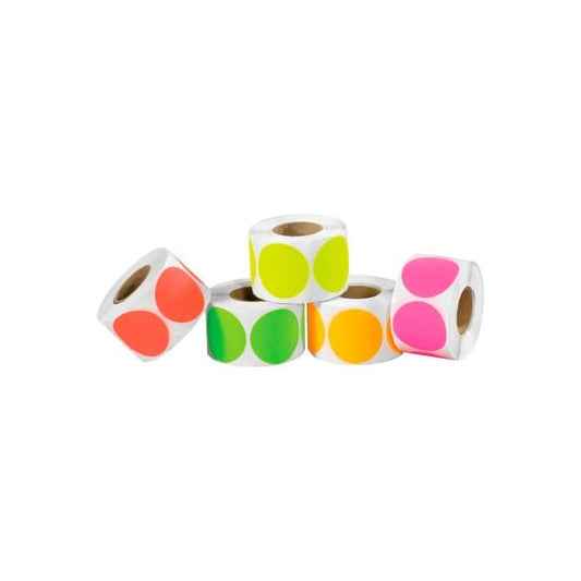 2" Dia. Inventory Circles, 5 Fluorescent Colors, 5 Rolls of 1000 Labels Each