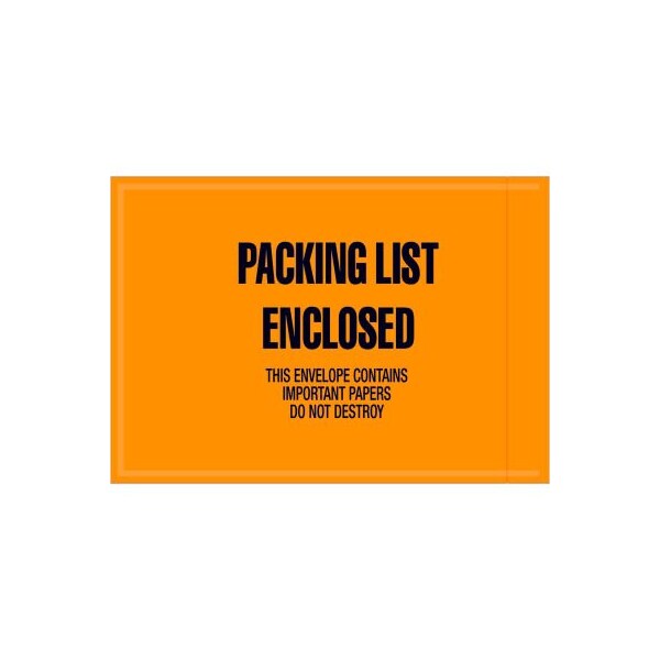 Full Face Envelopes, "Packing List Enclosed" Print, 6-1/2"L x 4-1/2"W, Orange, 1000/Pack