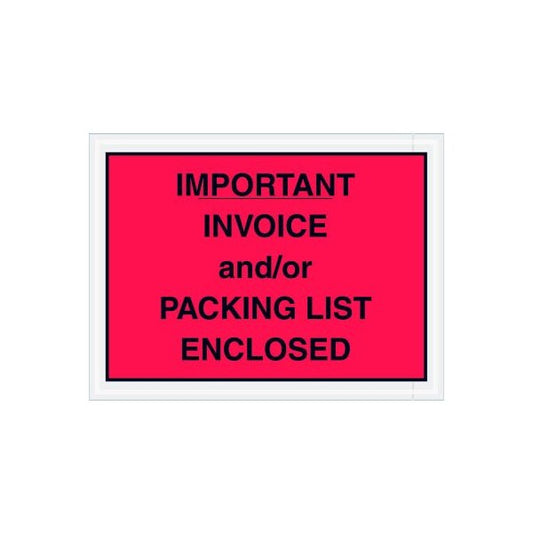 Full Face Envelopes, "Packing List/Invoice Enclosed" Print, 6"L x 4-1/2"W, Red, 1000/Pack