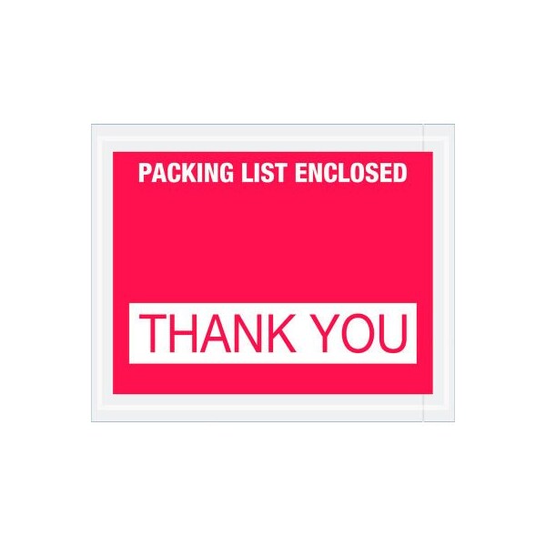 Full Face Envelopes, "Packing List Enclosed-Thank You" Print, 5-1/2"L x 4-1/2"W, Red, 1000/Pack
