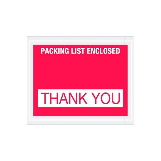 Full Face Envelopes, "Packing List Enclosed-Thank You" Print, 5-1/2"L x 4-1/2"W, Red, 1000/Pack