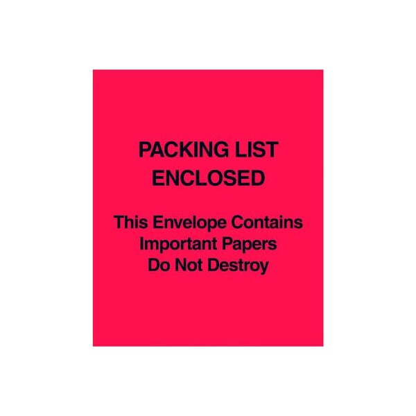 Full Face Envelopes, "Packing List Enclosed" Print, 6"L x 5"W, Red, 1000/Pack