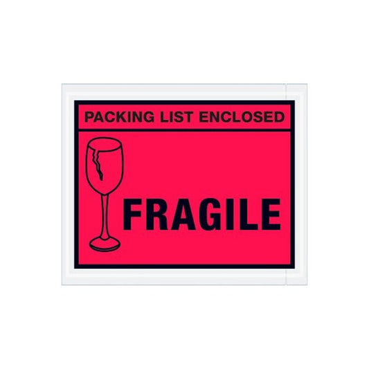 Full Face Envelopes, "Packing List Enclosed-Fragile" Print, 5-1/2"L x 4-1/2"W, Red, 1000/Pack