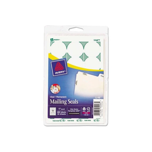 Avery® Print or Write Mailing Seals, 1" Dia., Clear, 480/Pack