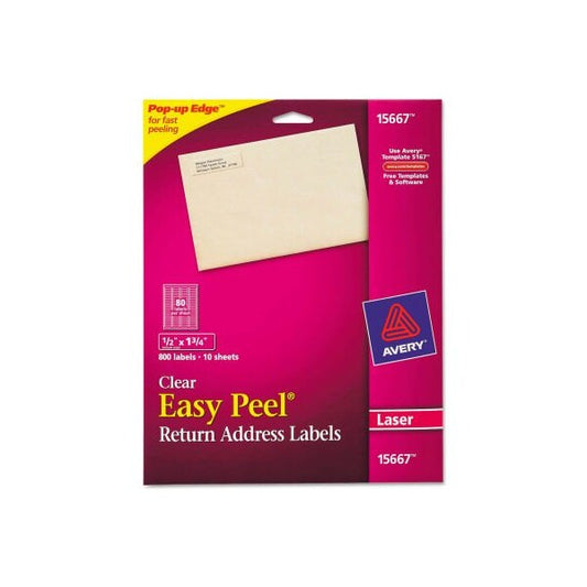 Avery® Easy Peel Mailing Labels For Laser Printers, 1/2 x 1-3/4, Clear, 800/Pack