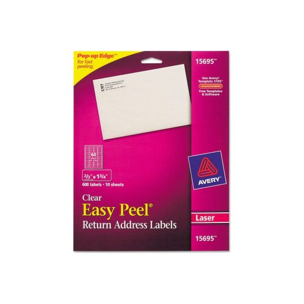 Avery® Easy Peel Laser Mailing Labels, 2/3 x 1-3/4, Clear, 600/Pack