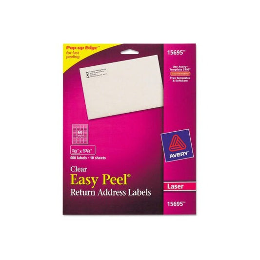 Avery® Easy Peel Laser Mailing Labels, 2/3 x 1-3/4, Clear, 600/Pack