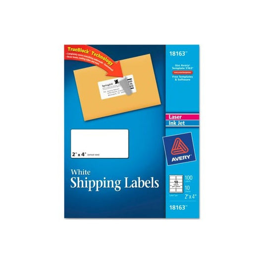 Avery® Shipping Labels for Laser and Ink Jet Printers, 2 x 4, White, 100/Pack