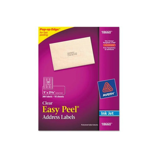 Avery® Easy Peel Inkjet Mailing Labels, 1 x 2-5/8, Clear, 300/Pack