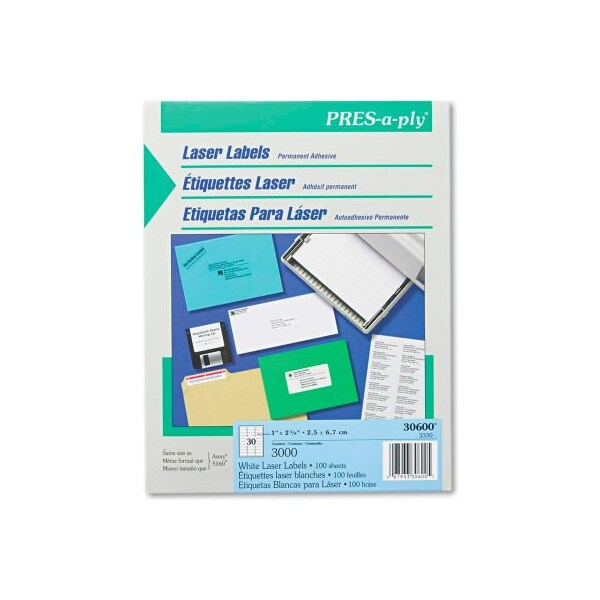 Avery® Pres-A-Ply Laser Address Labels, 1 x 2-5/8, White, 3000/Box