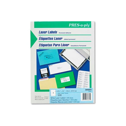 Avery® Pres-A-Ply Laser Address Labels, 8-1/2 x 11, White, 100/Box