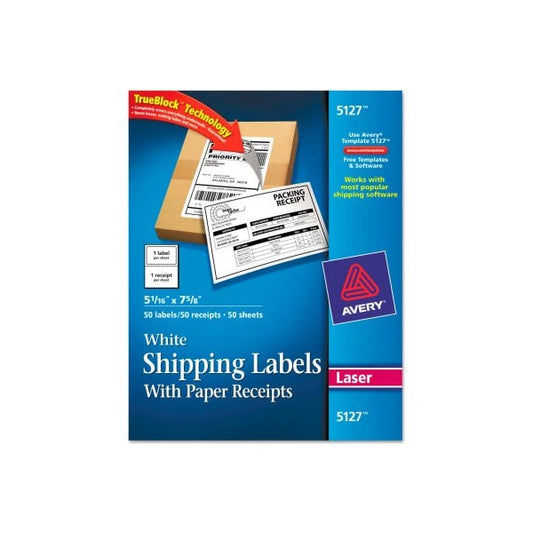 Avery® Shipping Labels with Paper Receipt, 5 1/16 x 7 5/8, White, 50/Pack