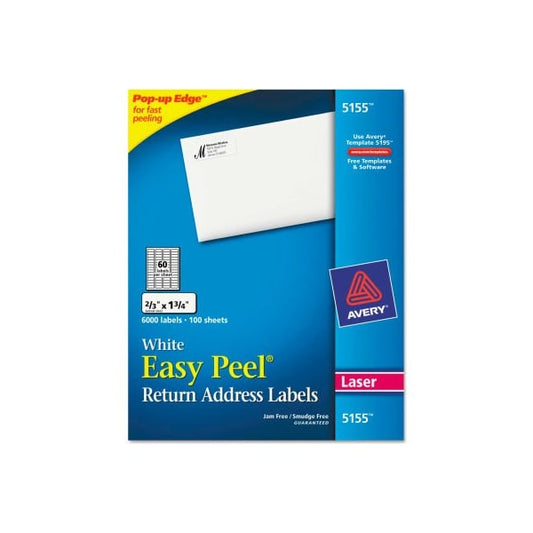 Avery® Easy Peel Laser Mailing Labels, 2/3 x 1-3/4, White, 6000/Pack