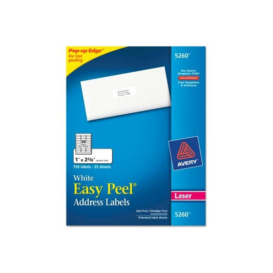 Avery® Easy Peel Laser Address Labels, 1 x 2-5/8, White, 750/Pack