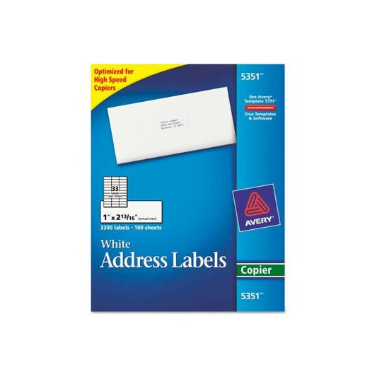 Avery® Self-Adhesive Address Labels for Copiers, 1 x 2-13/16, White, 3300/Box