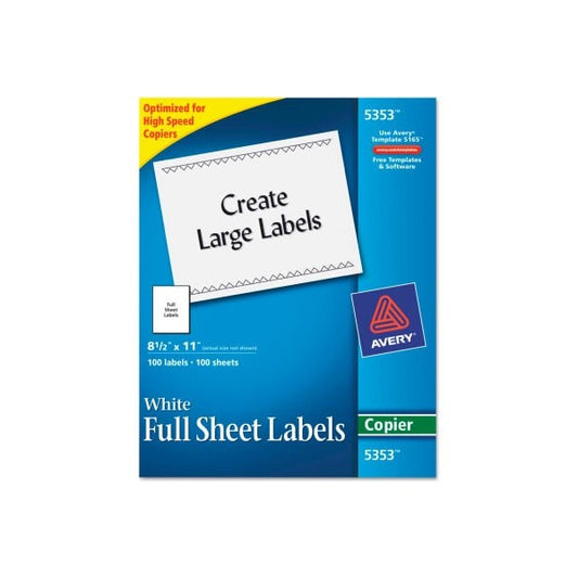 Avery® Self-Adhesive Full-Sheet Shipping Labels for Copiers, 8-1/2 x 11, White, 100/Box