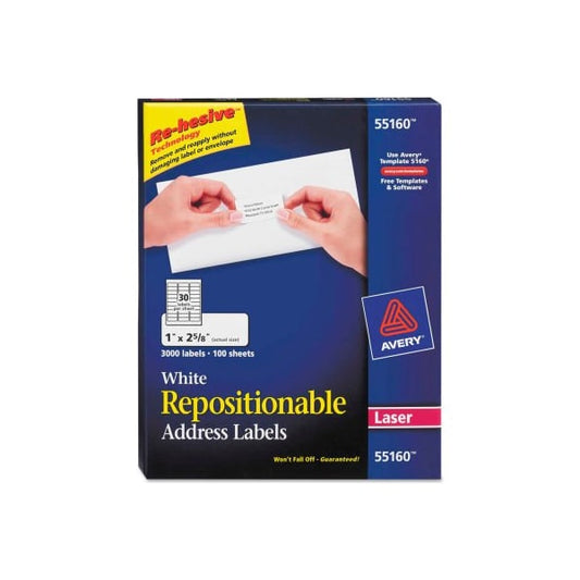 Avery® Repositionable Address Labels for Laser Printers, 1 x 2 5/8, White, 3000/Box