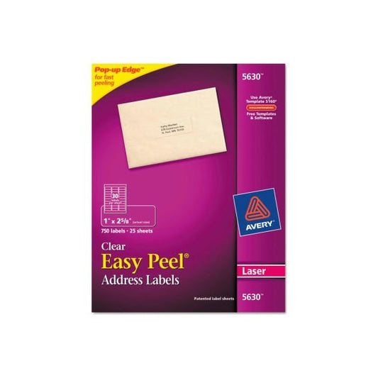 Avery® Easy Peel Laser Mailing Labels, 1 x 2-5/8, Clear, 750/Box
