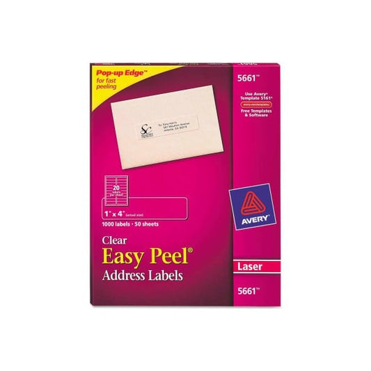 Avery® Easy Peel Laser Mailing Labels, 1 x 4, Clear, 1000/Box