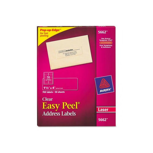 Avery® Easy Peel Laser Mailing Labels, 1-1/3 x 4, Clear, 700/Box