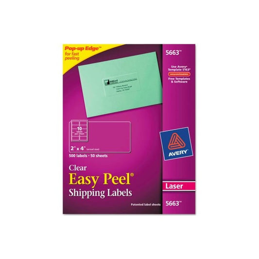 Avery® Easy Peel Laser Mailing Labels, 2 x 4, Clear, 500/Box