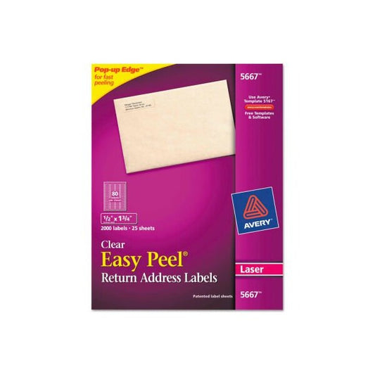 Avery® Easy Peel Laser Mailing Labels, 1/2 x 1-3/4, Clear, 2000/Box
